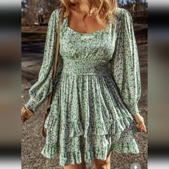 Ruffle Hem Floral Square Neck Long Sleeve Dress - Picture 1 of 4